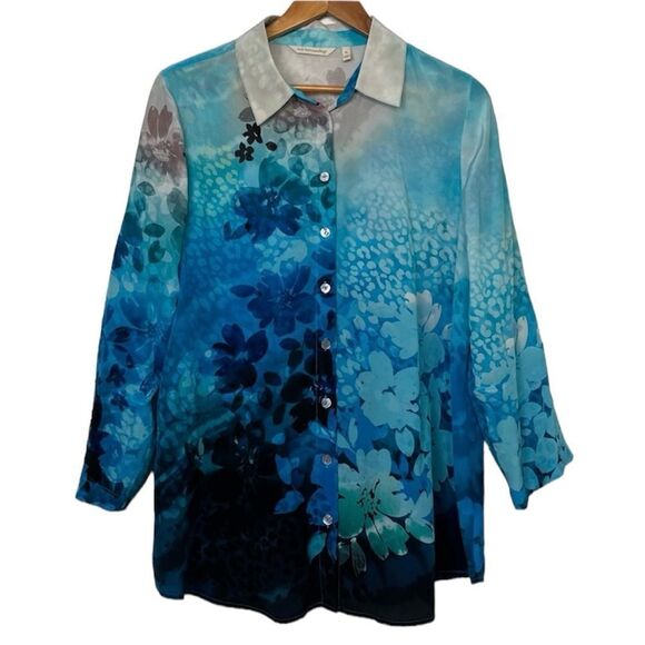 Soft Surroundings Jolene Silk Floral Button Up Shirt Blue Tunic Top Petite Large - Picture 1 of 11